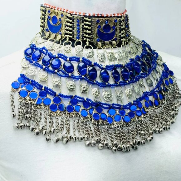 Blue Choker Necklace, Handmade Afghan Choker, Tribal Unique Jewelry designs - Picture 2 of 9